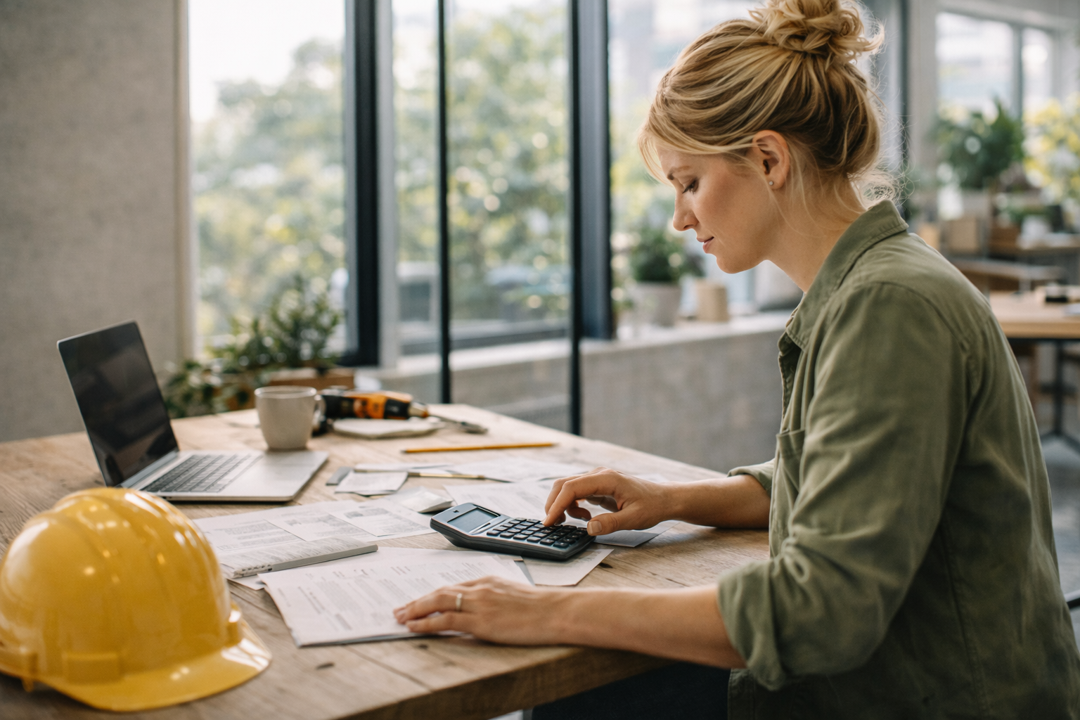 Self-employed professional reviewing accounts and paperwork while preparing a mortgage application.