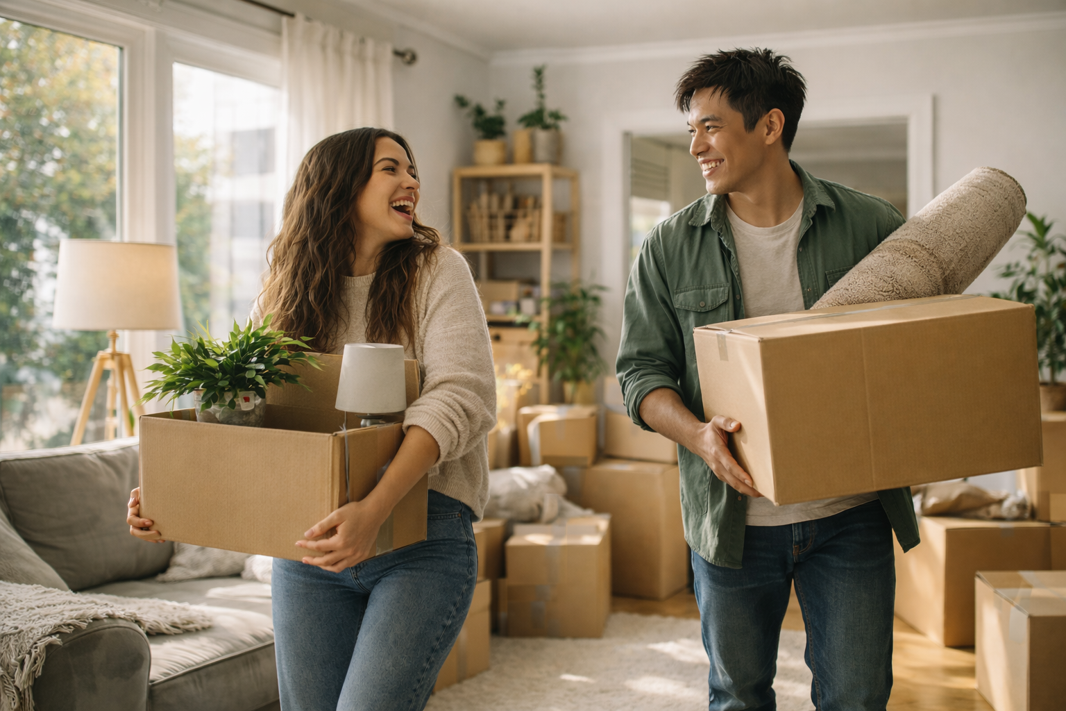 Young couple unpacking boxes in their first home, marking the start of their property journey.