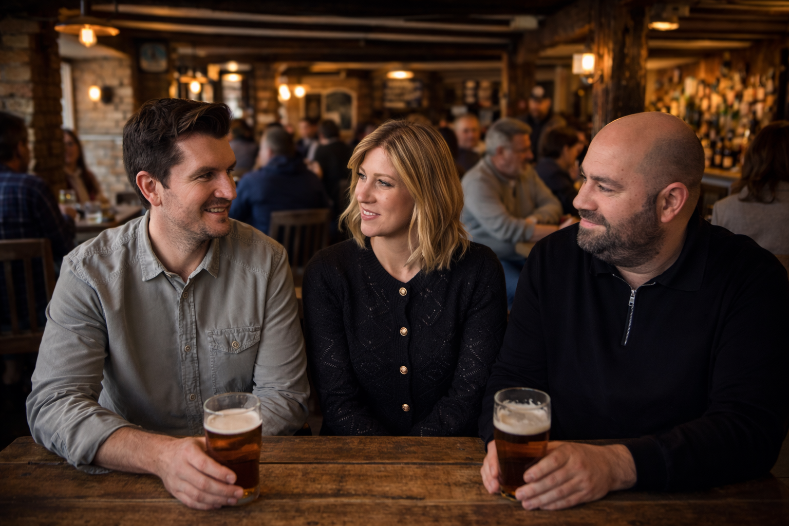 Three colleagues seated at a wooden table in a busy country pub, sharing a candid moment with soft smiles as they look at each other, surrounded by warm ambient lighting and blurred background patrons.