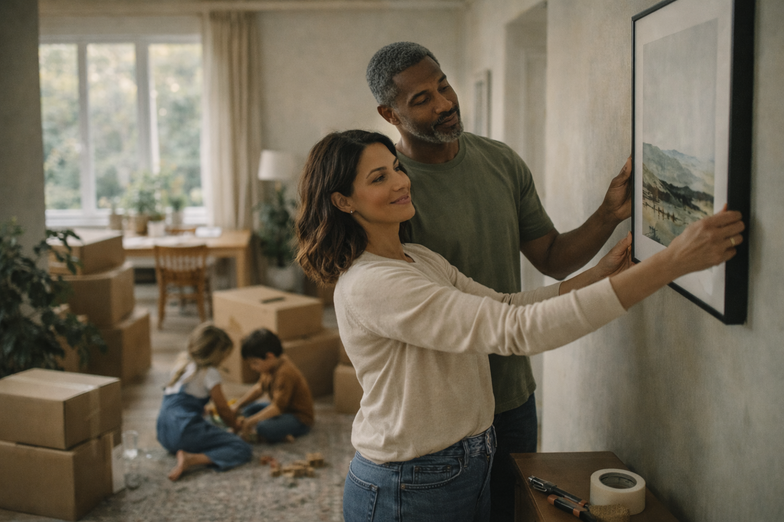 Parents decorating their living room while children play in the background of their home