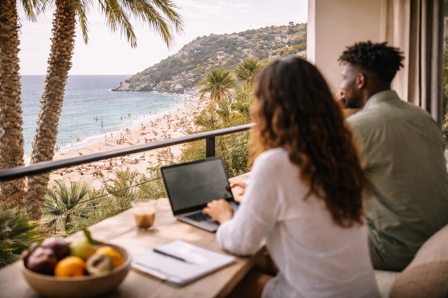 UK property buyer working remotely overseas while planning a home purchase in the UK.