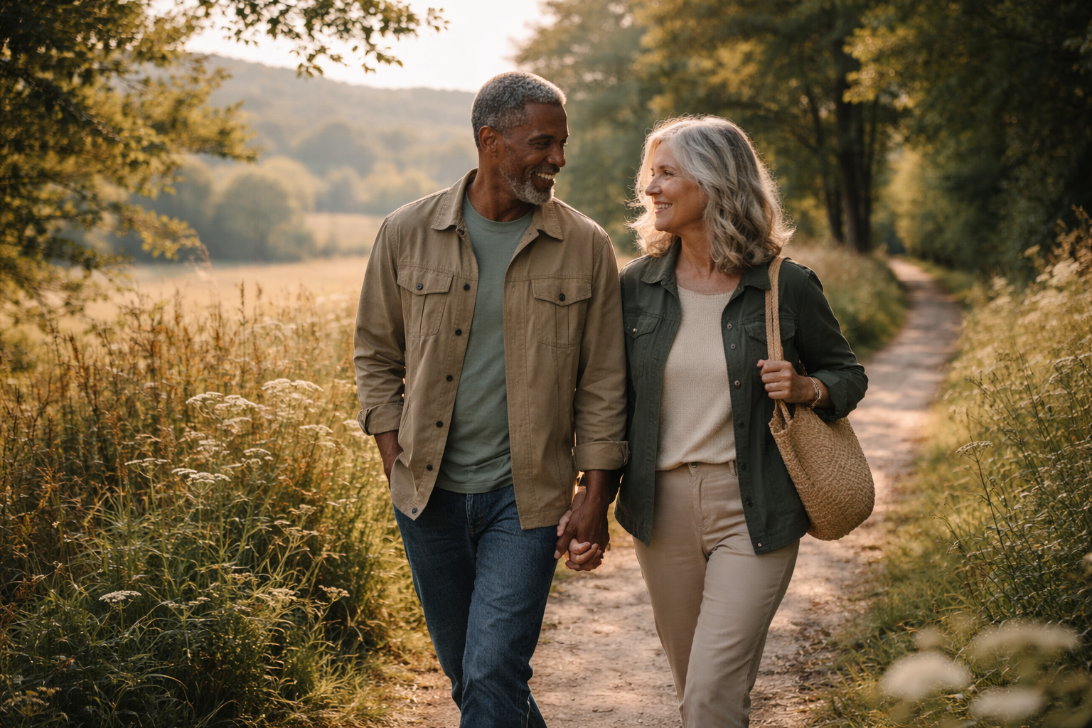 Mature couple enjoying a peaceful walk in nature reflecting long-term financial stability