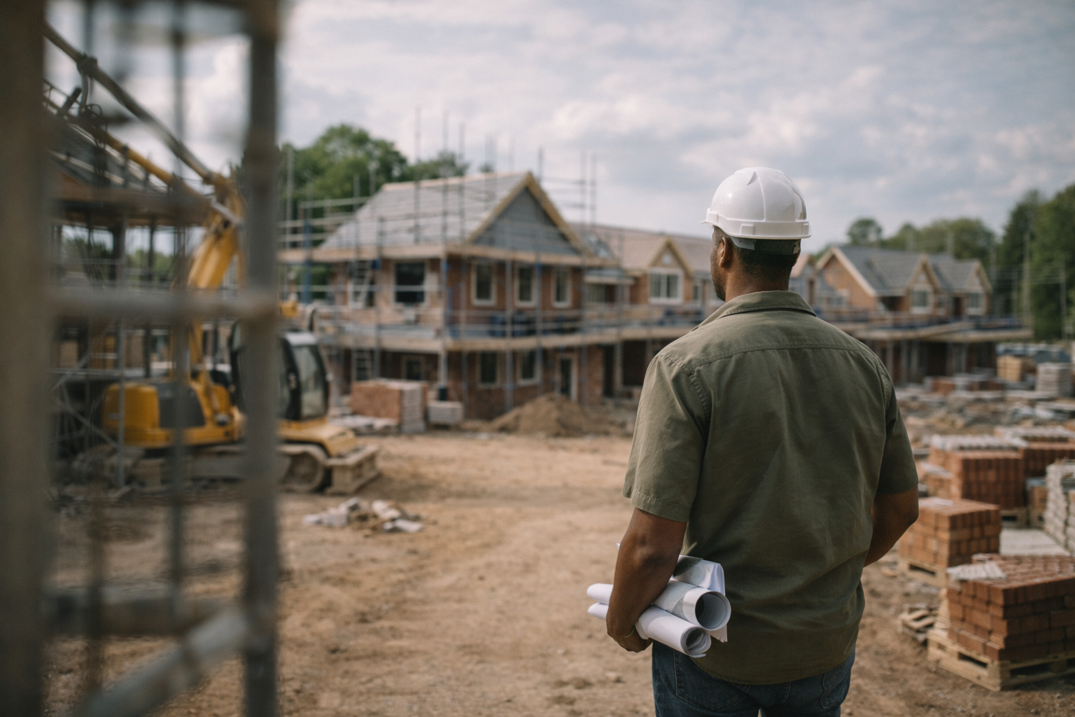 Property developer reviewing building plans on site during a residential development