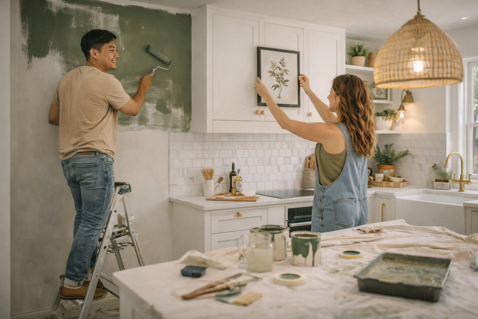 Couple reviewing renovation plans in their kitchen while exploring remortgage options to improve their financial position