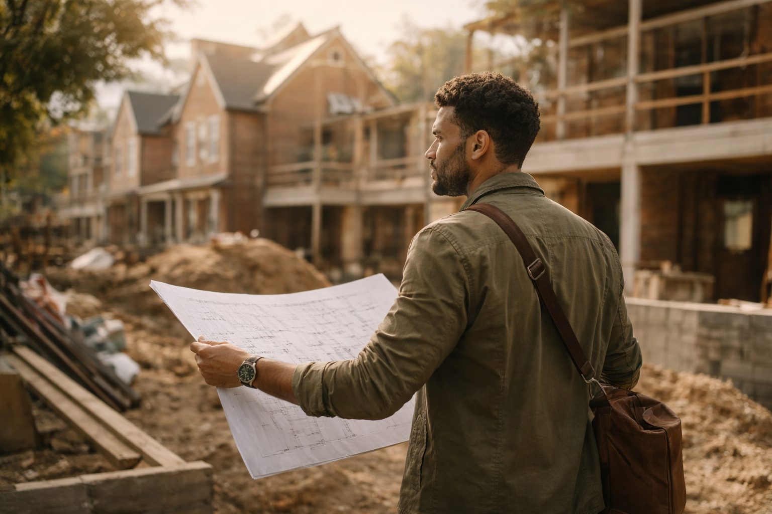 Property developer reviewing construction plans on site while assessing progress on a residential development project.