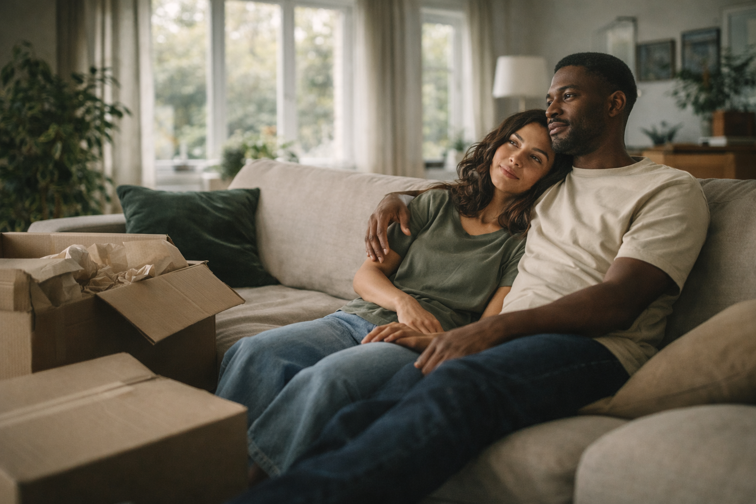First-time buyer couple relaxing on the sofa surrounded by moving boxes in their new home