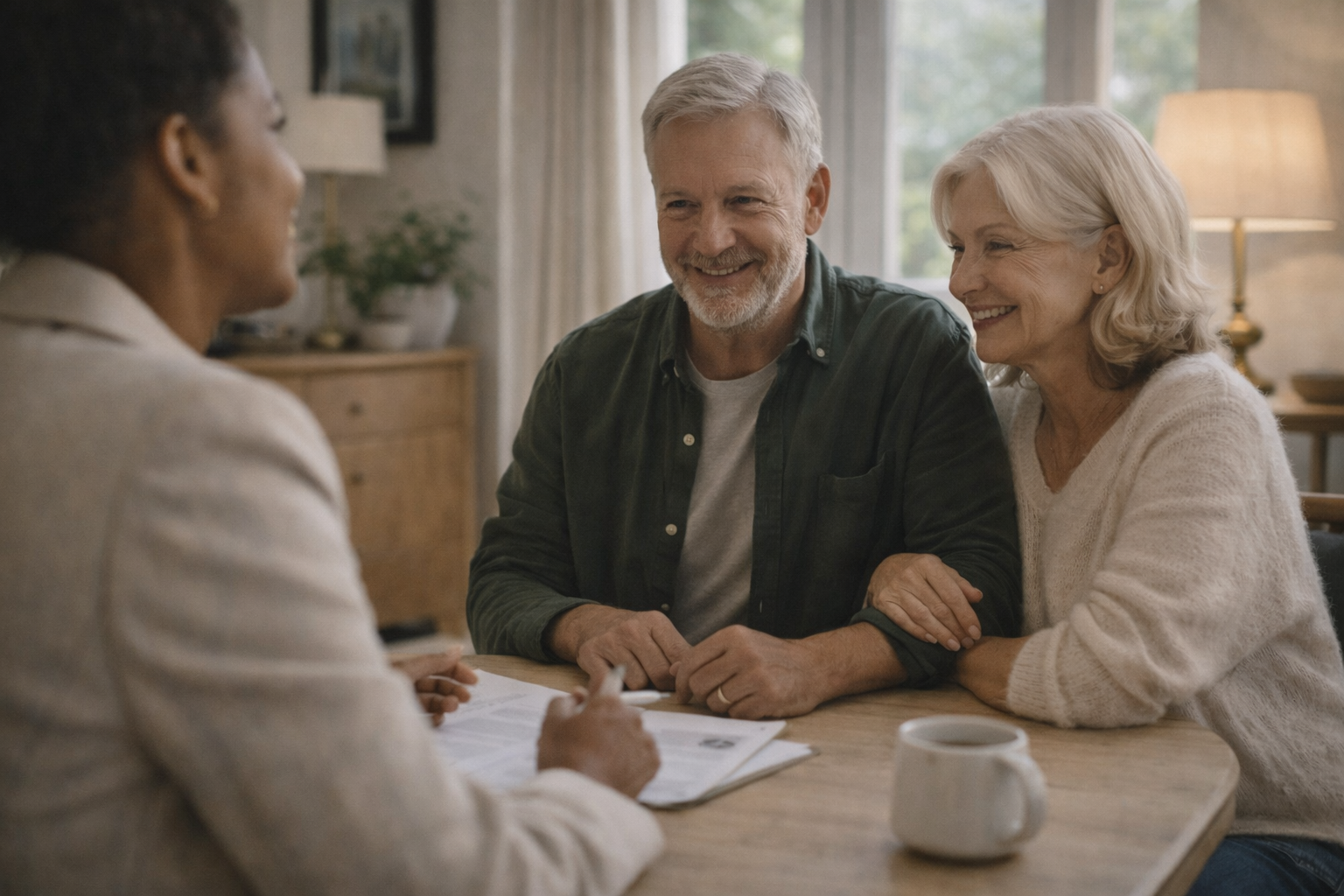 Homeowners meeting with a specialist to discuss later-life borrowing options in a relaxed home setting.