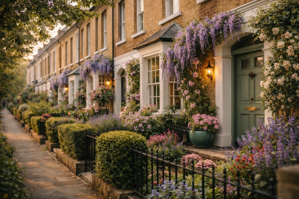 A row of elegant London brick townhouses with sage green doors, overflowing flower boxes, and cascading purple wisteria, captured in warm golden evening light along a quiet residential street.