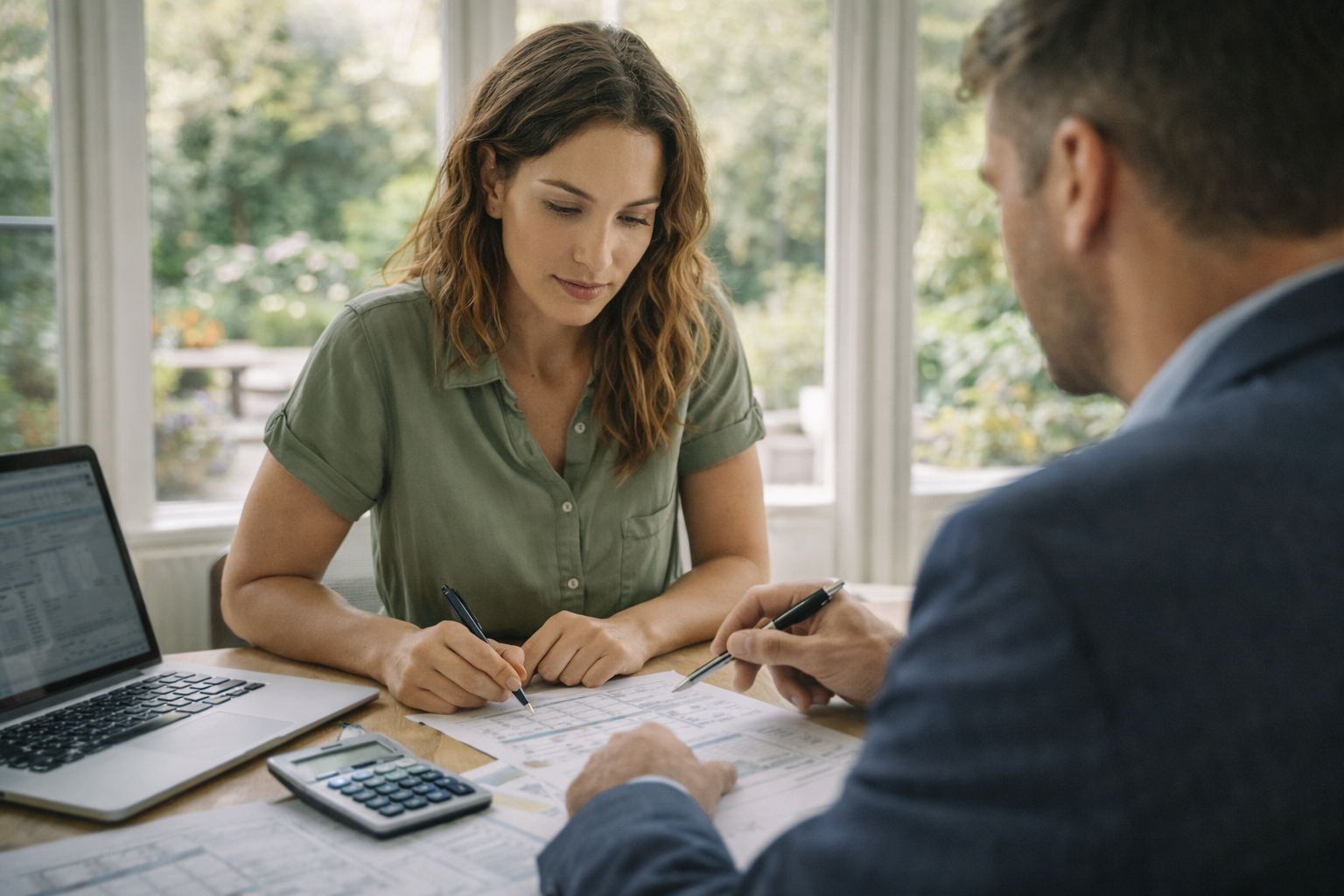 Woman discussing financial calculations with a mortgage adviser in a bright home office, considering second charge lending