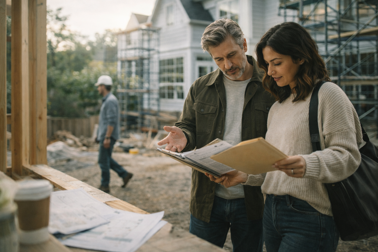 Property developer reviewing site plans and budgets while arranging development finance with an independent UK broker.