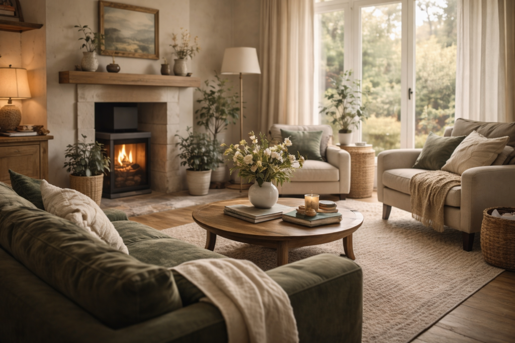 Bright, modern living room interior with natural light and calm neutral tones, representing a comfortable home supported by clear mortgage advice