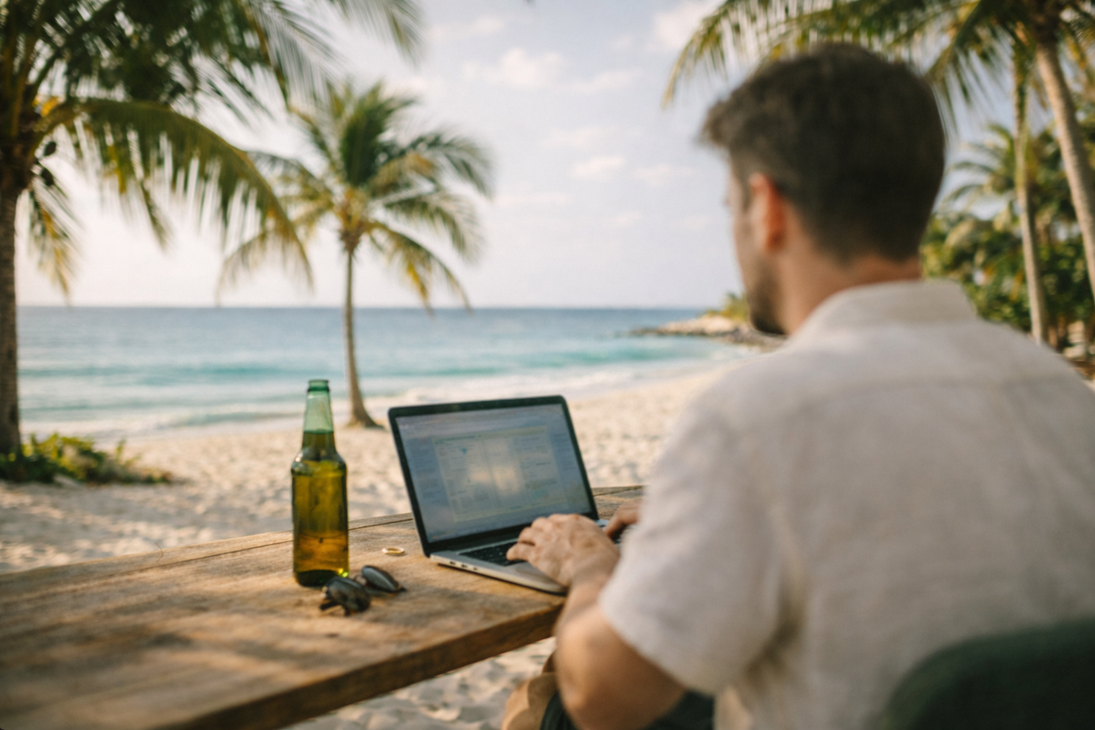 UK expat working remotely by the sea while managing property and mortgage arrangements.