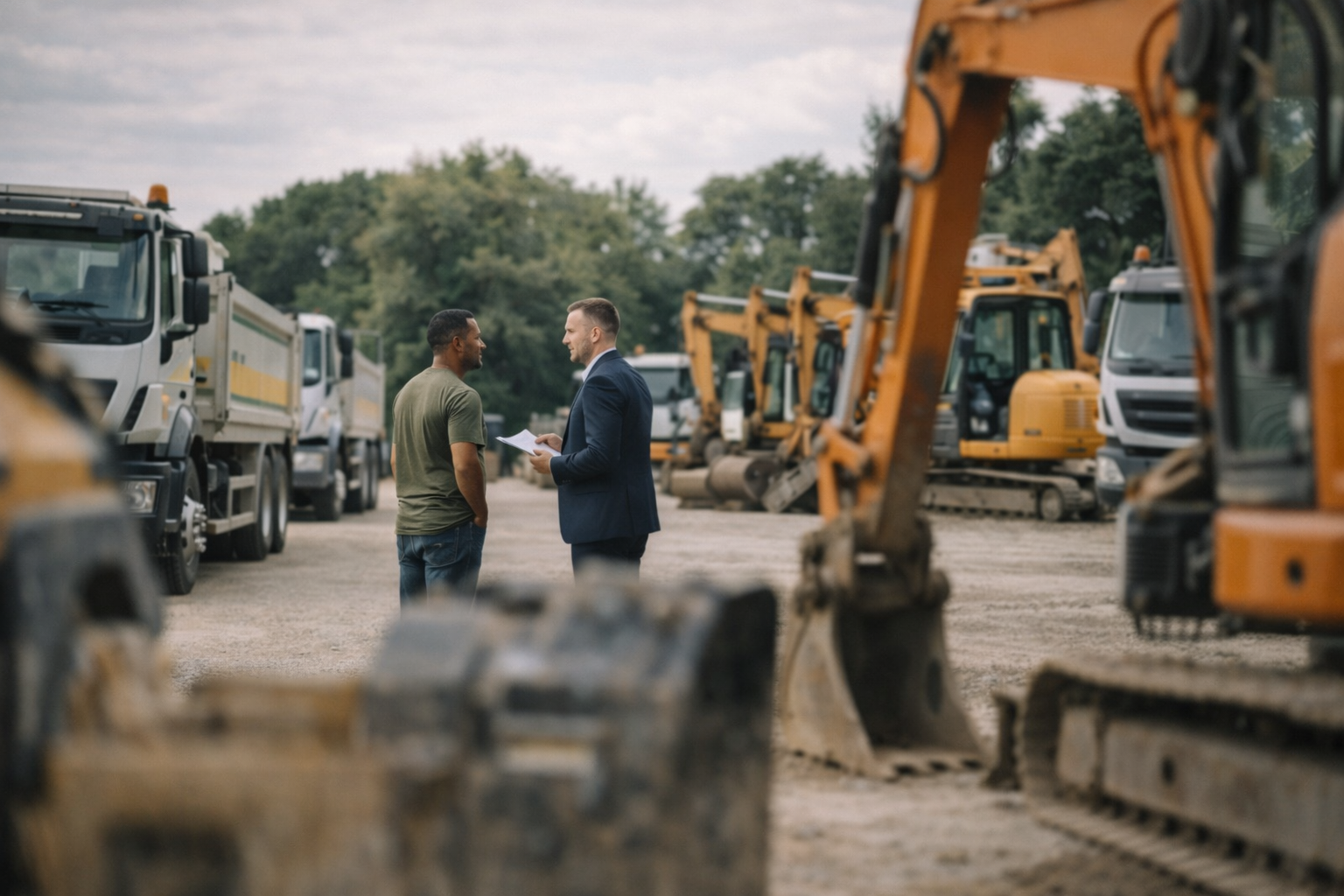 Business owner meeting adviser in an industrial yard to arrange asset finance for vehicles