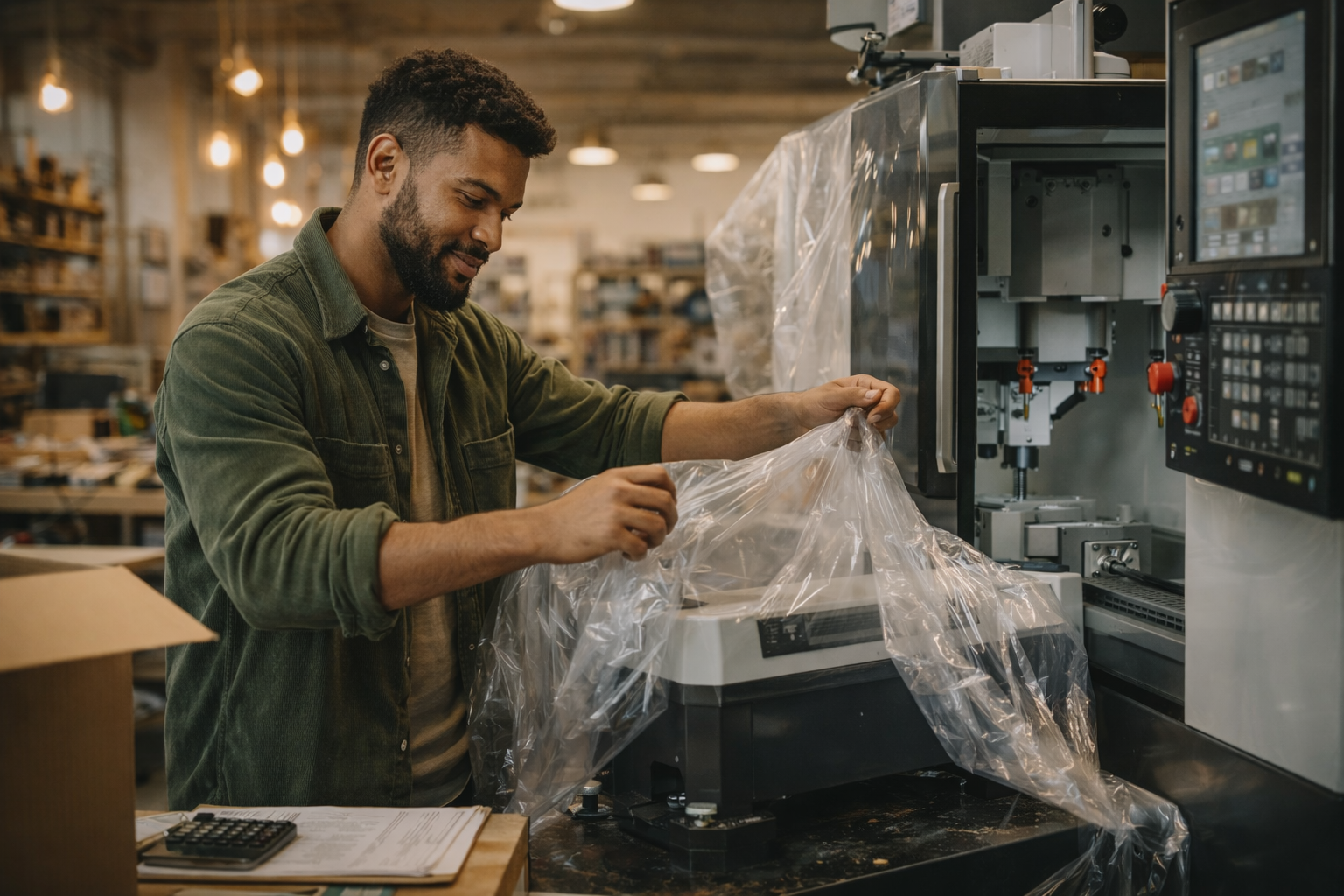 Business owner installing newly funded machinery to expand operations and increase production capacity.