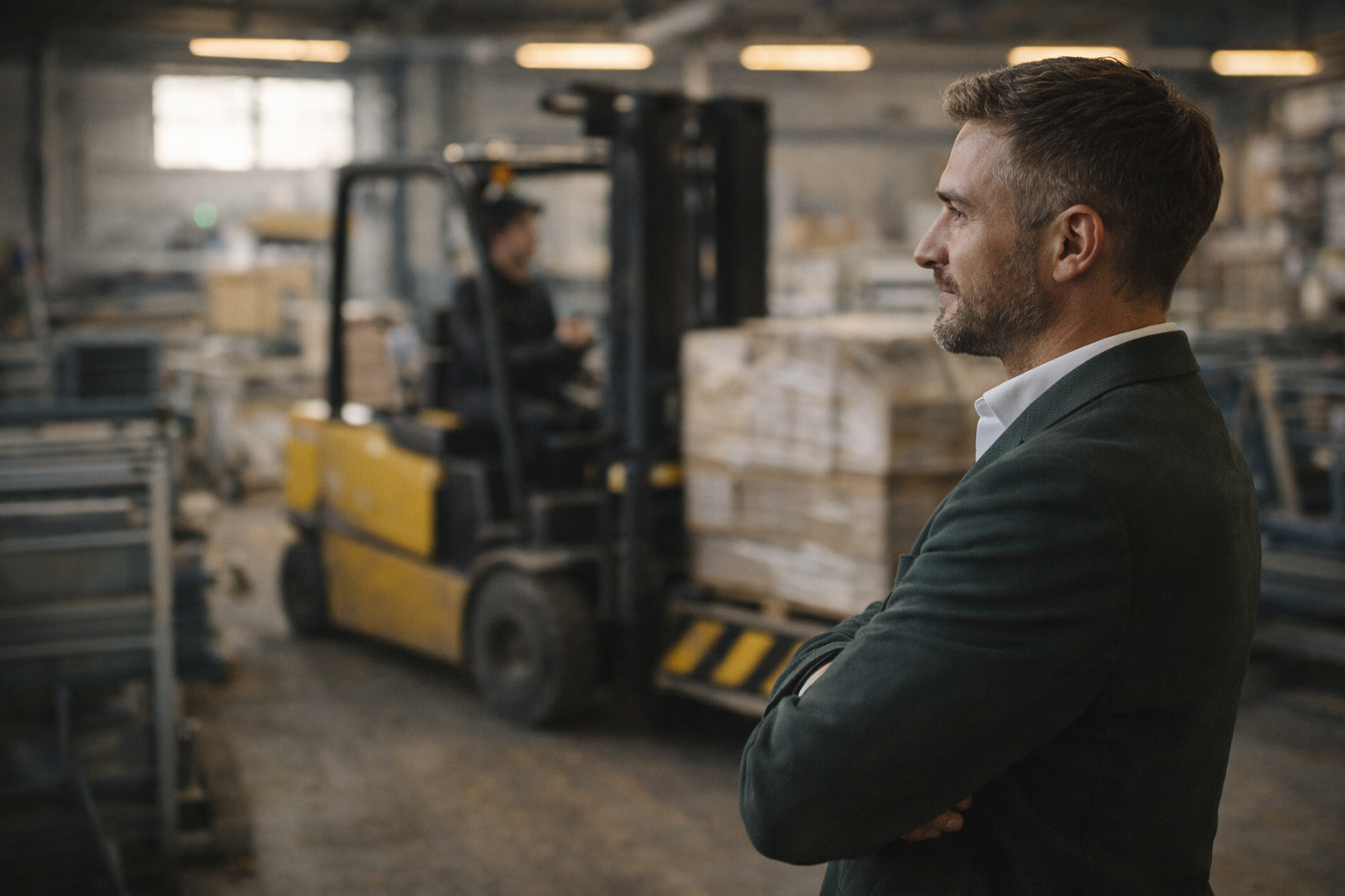 Business owner standing in warehouse considering asset finance for equipment and logistics