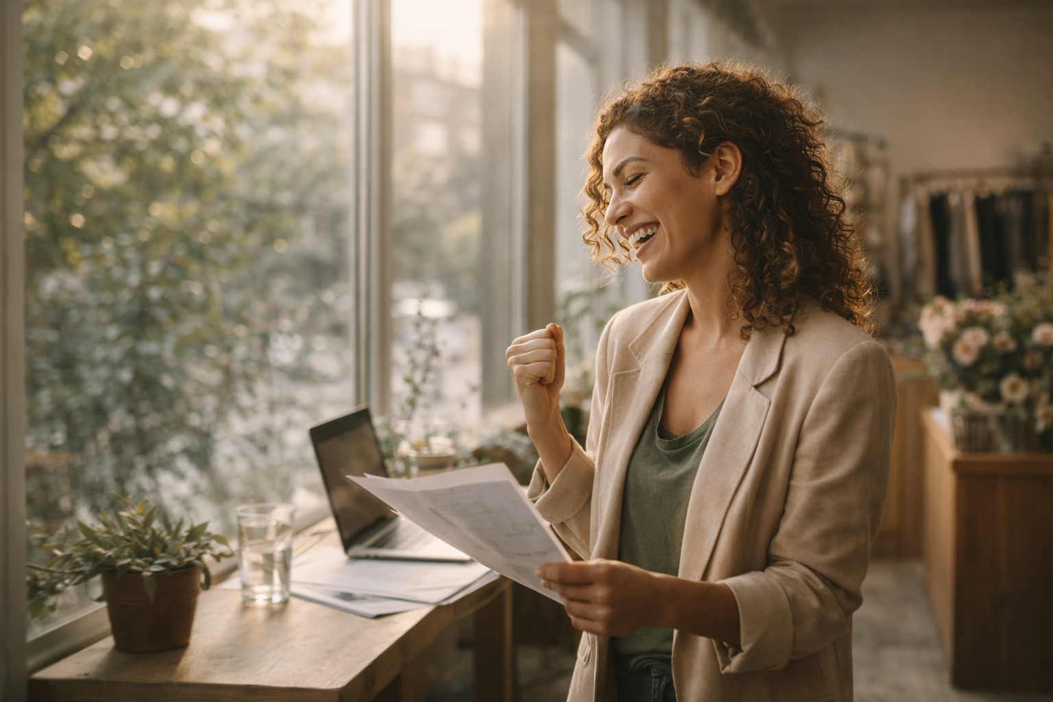 Small business owner celebrating approved funding while reviewing finance documents in a modern workspace.