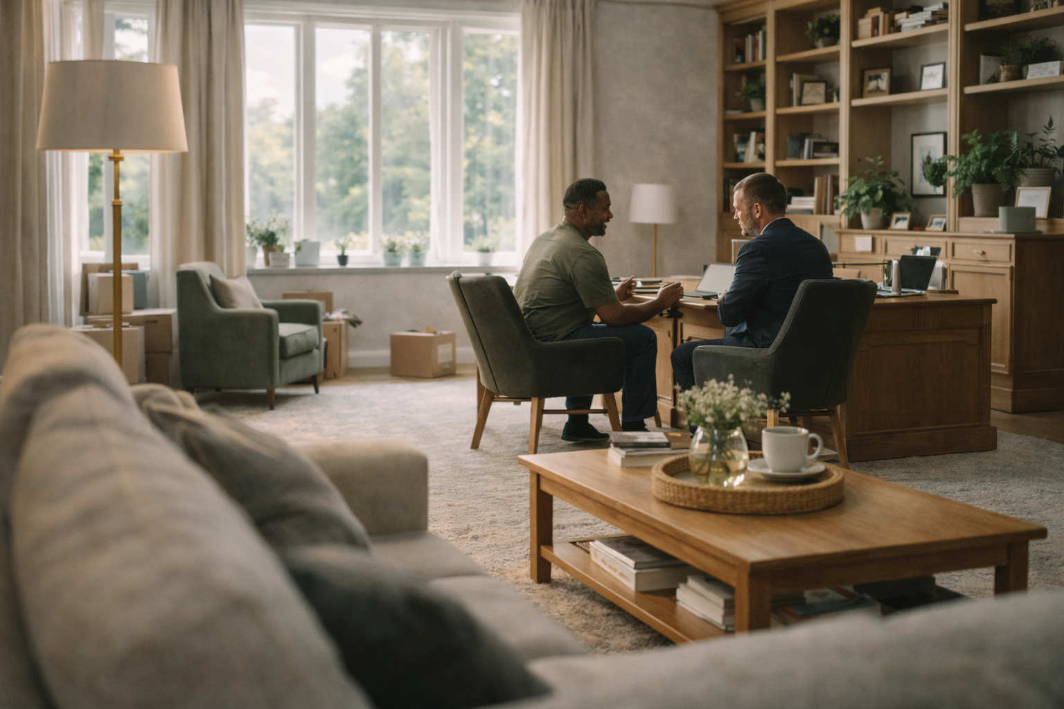 Mortgage adviser meeting clients in a comfortable home setting to discuss options