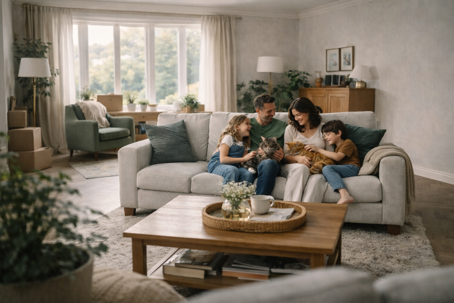 Family relaxing together at home with their cats in a calm, comfortable living space