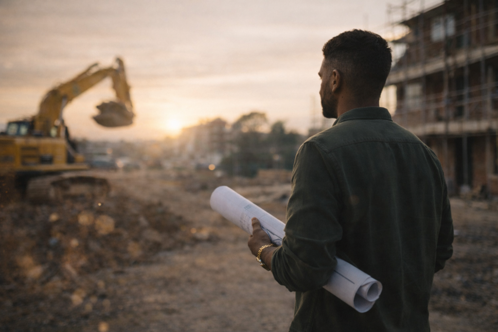 Business owner reviewing commercial development plans on site, preparing to secure asset and commercial finance for business growth