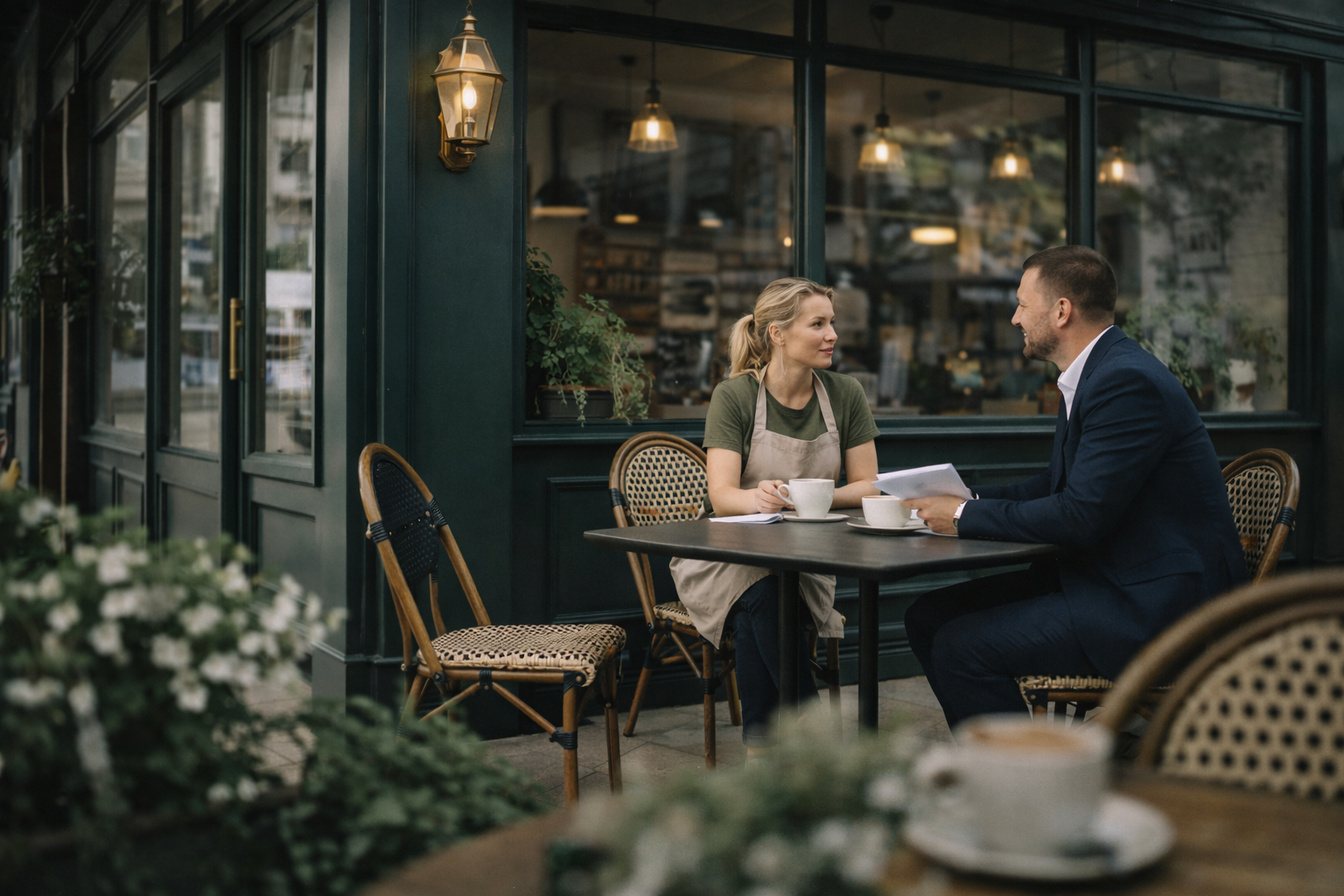 Small business owner meeting with financial adviser outside their café to discuss funding