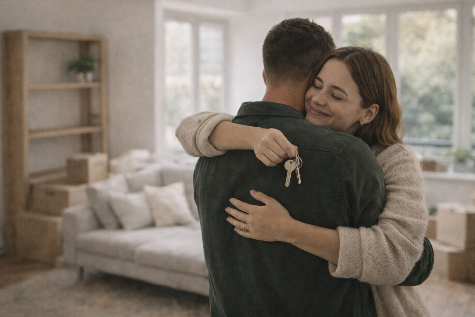 Couple embracing in their new home after completing their first property purchase.