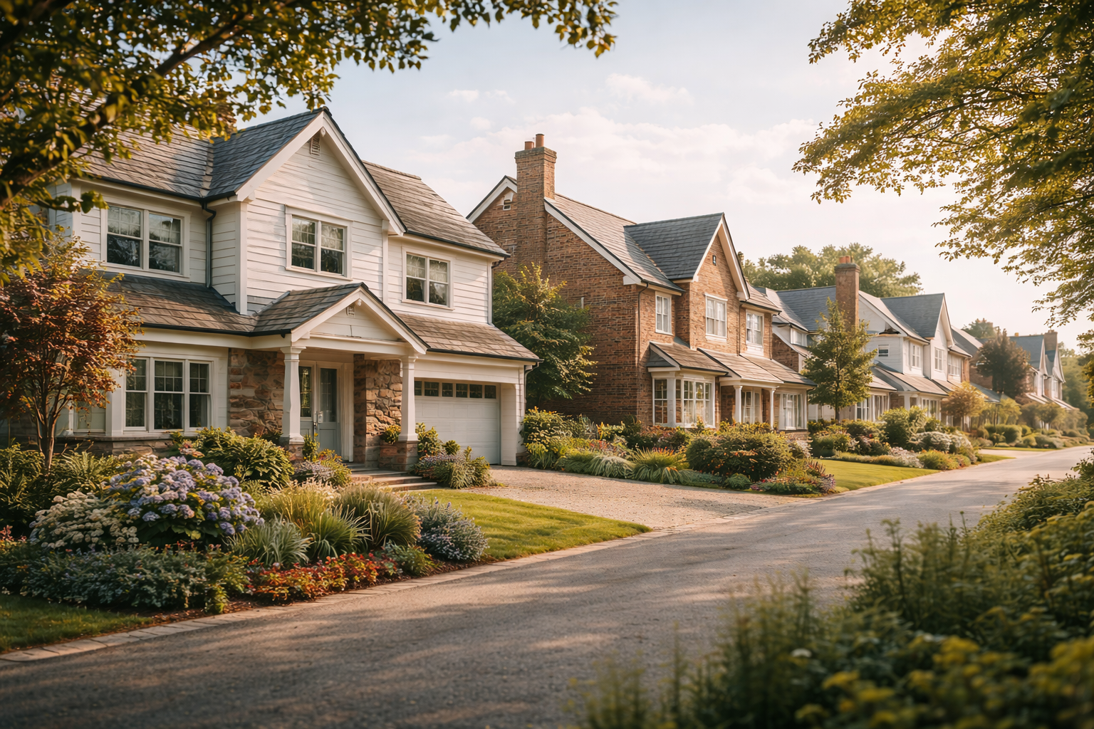 Family walking through a leafy residential street of detached UK homes while considering a property purchase with expert mortgage advice