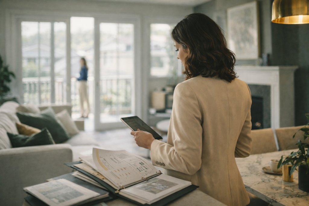 Professional woman reviewing financial documents and tablet in a modern home, planning property or business finances with a calm, focused approach