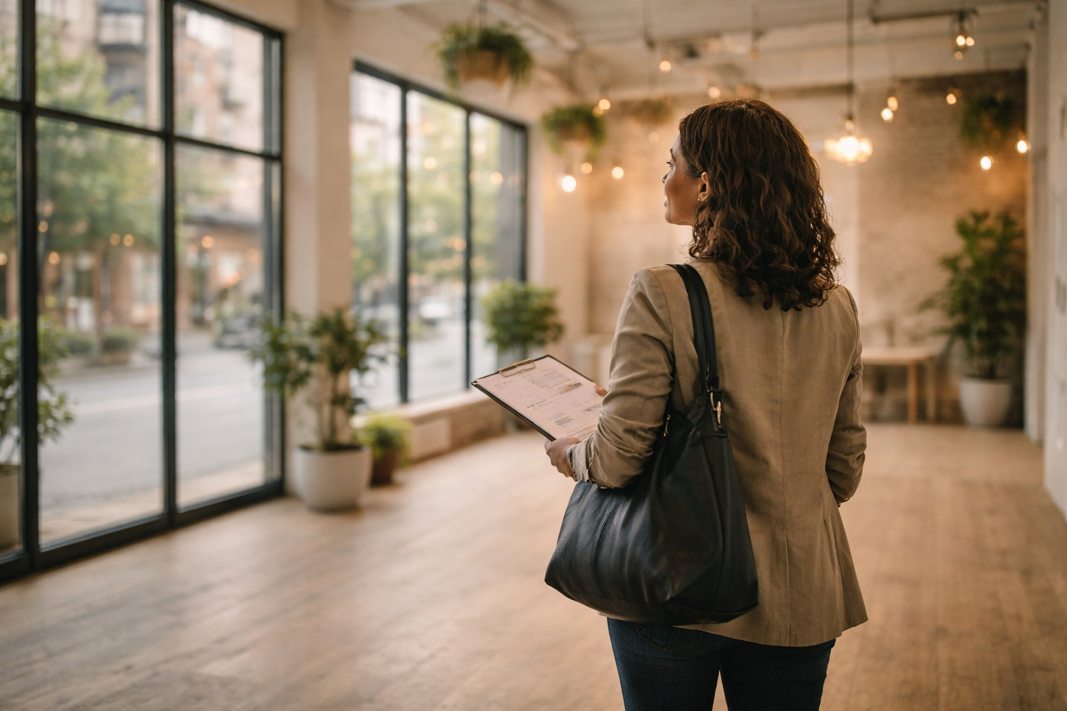 Business owner reviewing commercial property and funding plans while exploring finance options for business expansion.
