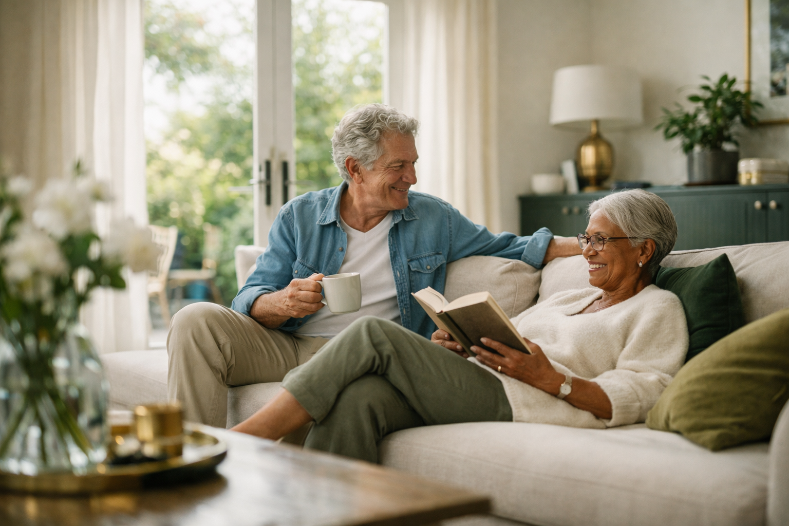 Candid, cinematic lifestyle image of a couple in their 70s relaxing together on a sofa in a bright, modern living room, sharing a quiet moment with a book and coffee, surrounded by soft natural light with subtle dark green and gold accents.