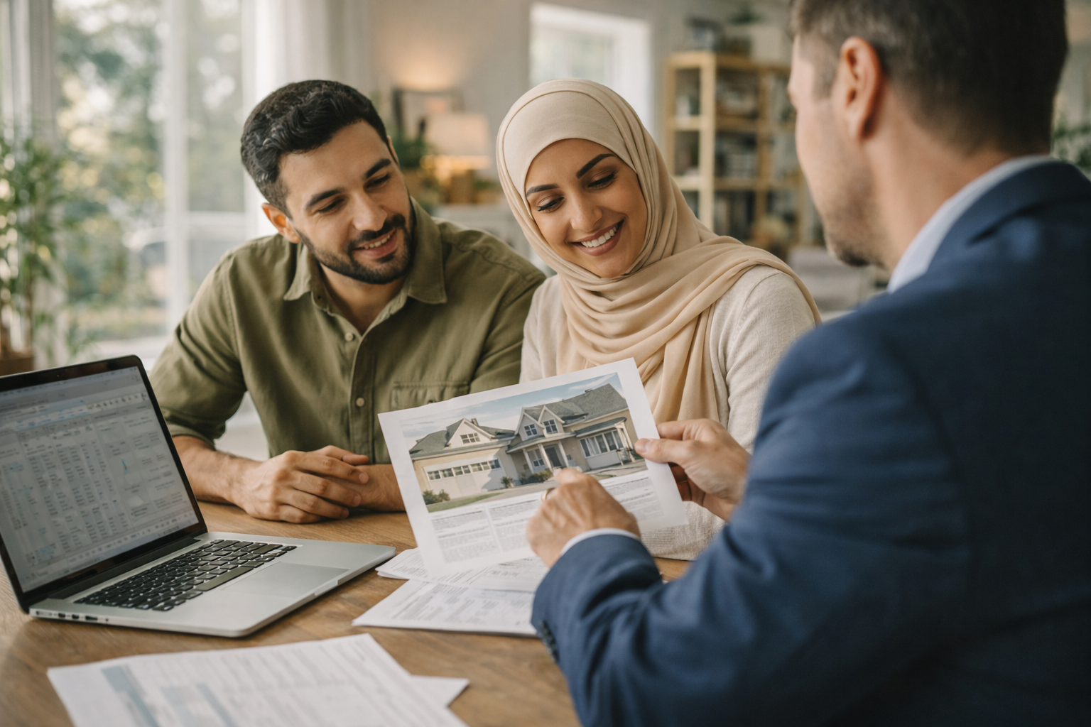 Overseas buyers meeting with a mortgage adviser to review UK property purchase plans.