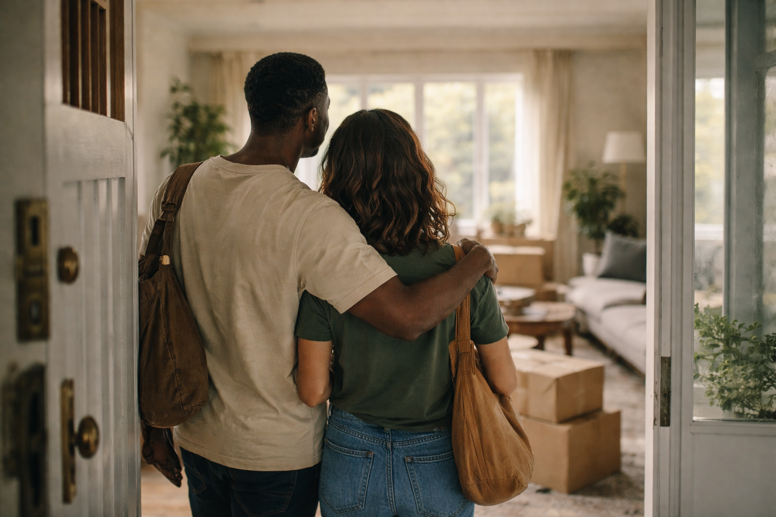 Couple stepping into their new home together after completing a property purchase