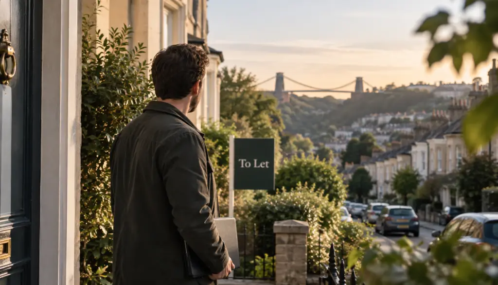 Landlord standing beside a To Let sign on a residential street in Bristol