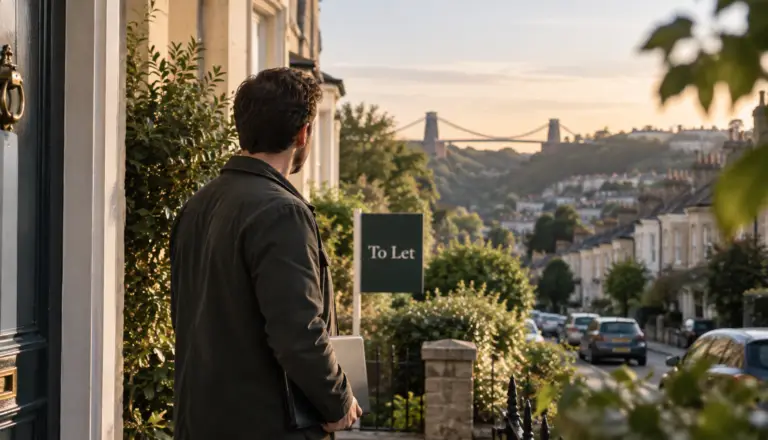 Landlord standing beside a To Let sign on a residential street in Bristol