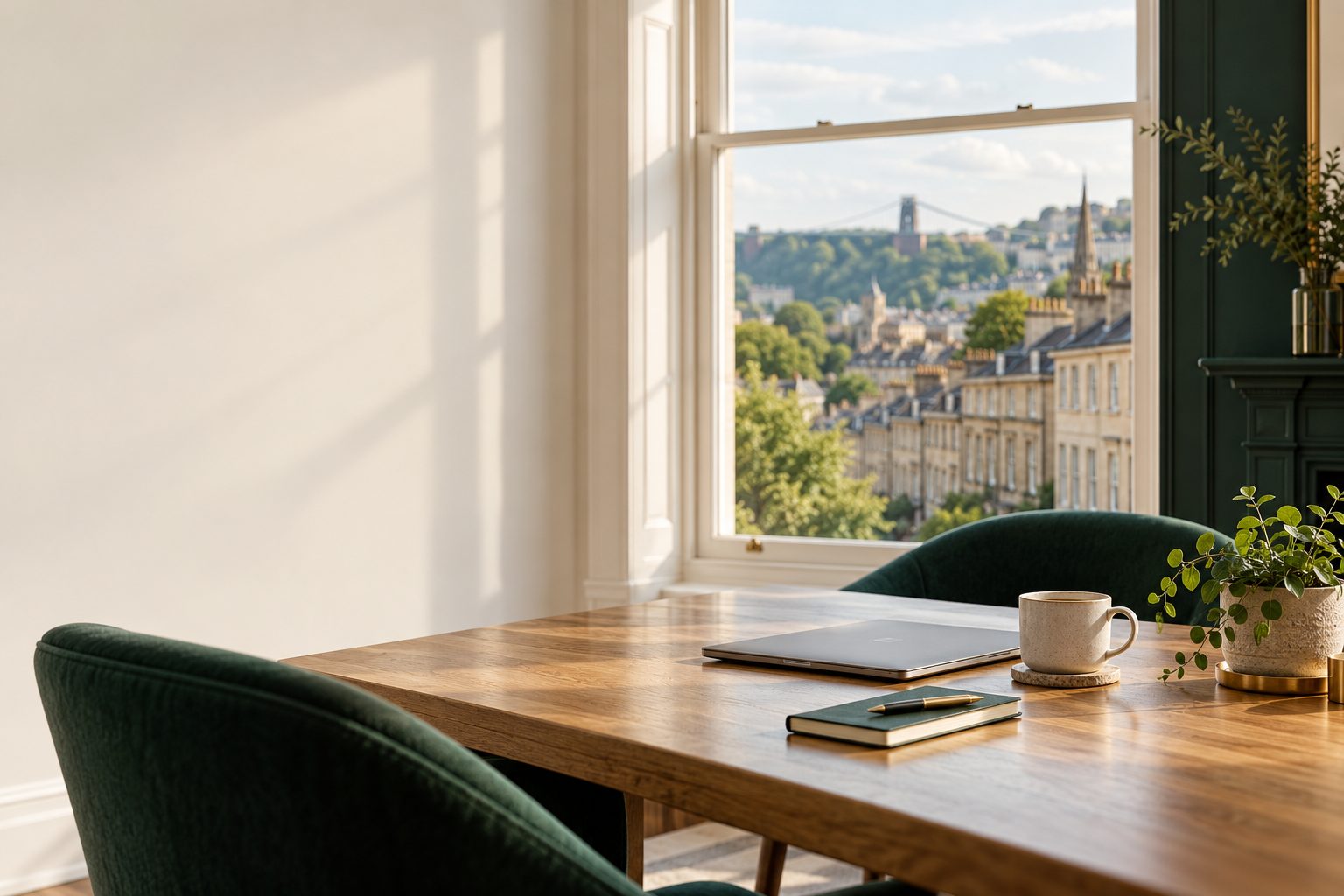 Consultation table with a laptop, notebook and coffee, beside a sash window overlooking Bristol rooftops