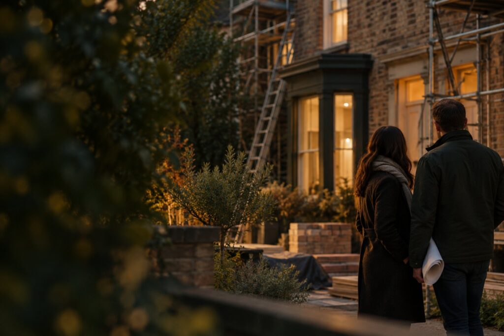 A couple looking at a period brick house with scaffolding during a refurbishment, holding rolled plans