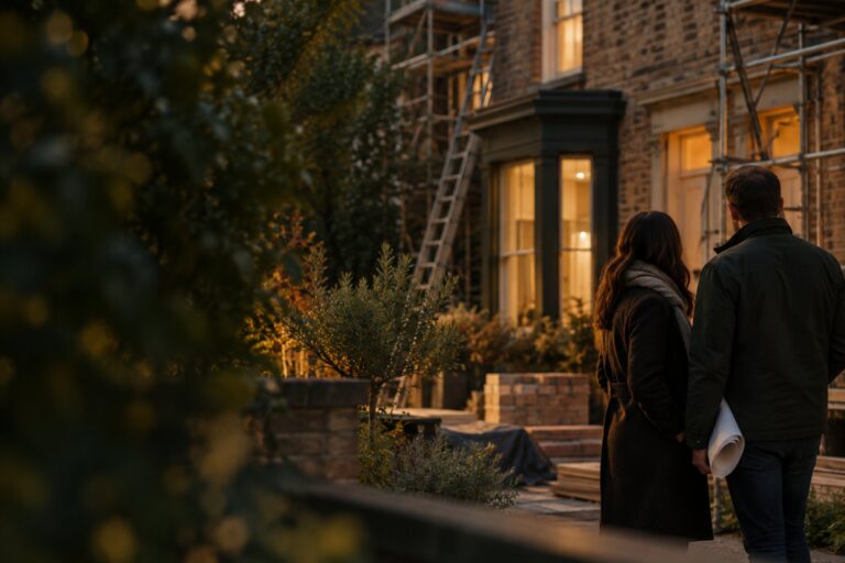 A couple looking at a period brick house with scaffolding during a refurbishment, holding rolled plans