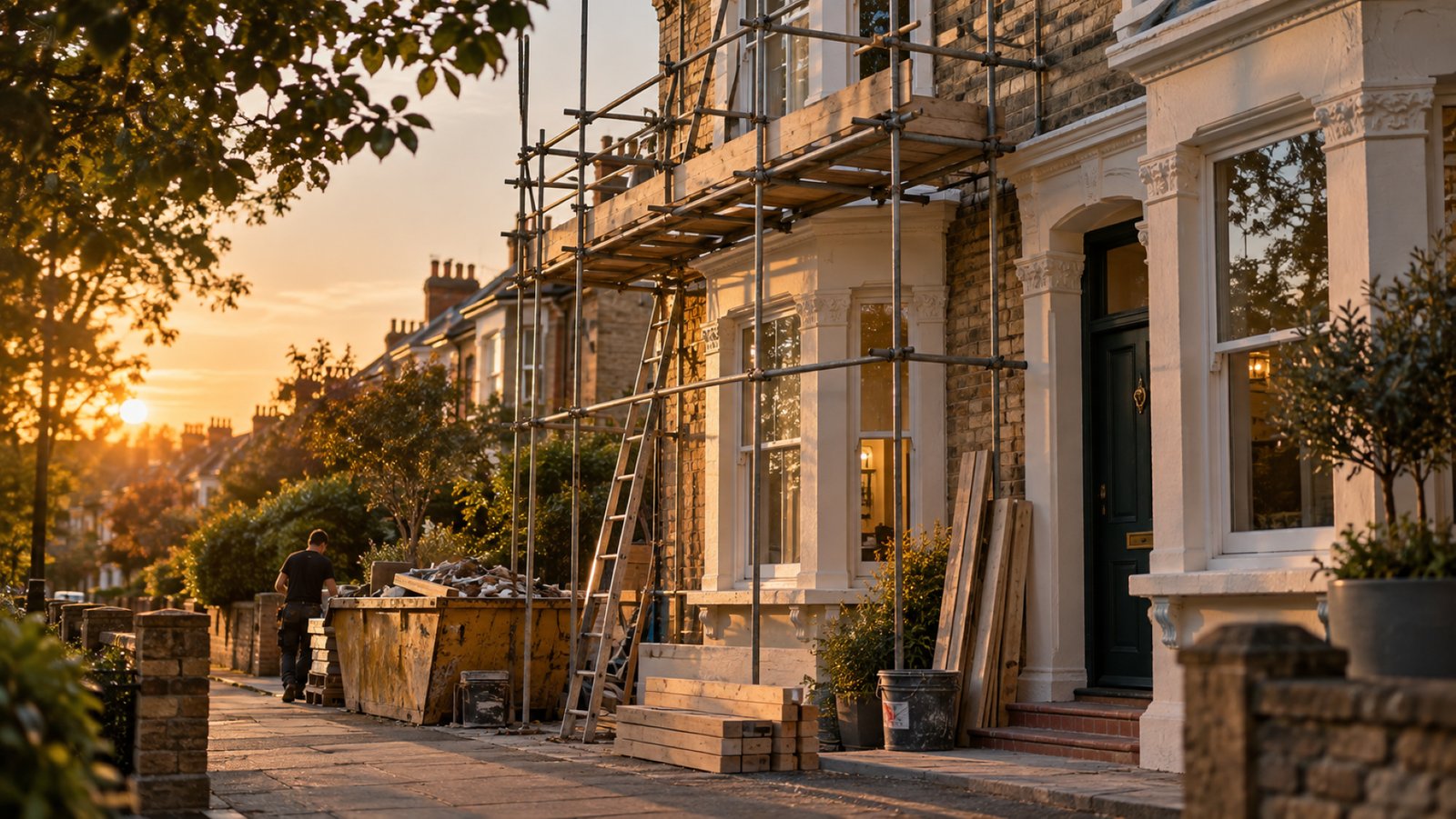 Scaffolding and a skip outside a Victorian terraced house, a refurbishment of the kind bridging loans often fund
