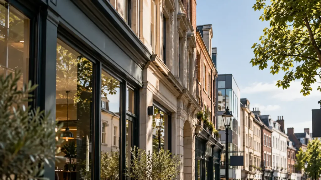Sunlit commercial shopfronts and period buildings on a Bristol street