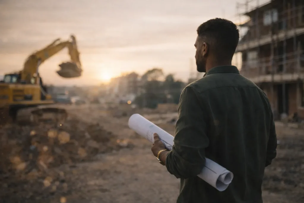 Business owner reviewing commercial development plans on site