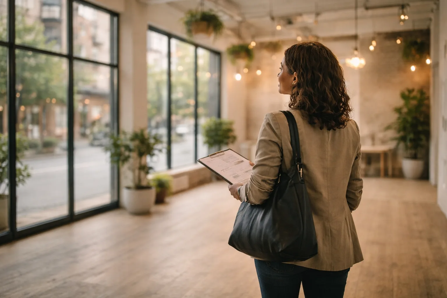Business owner reviewing commercial property and funding plans while exploring finance options for business expansion.
