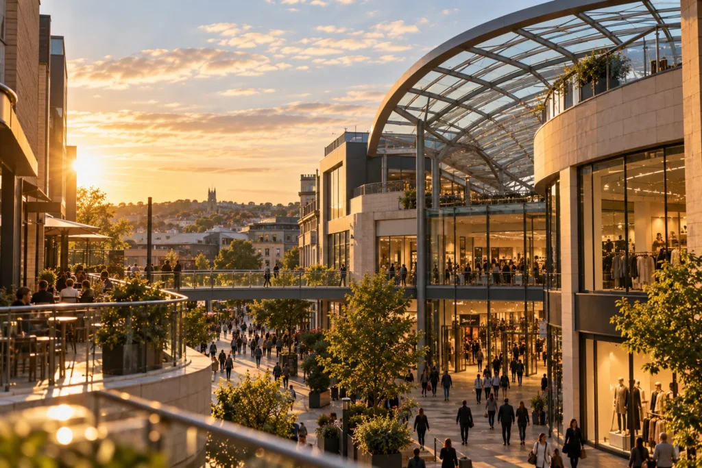 Busy commercial shopping area in Bristol city centre with a glass-roofed building at sunset