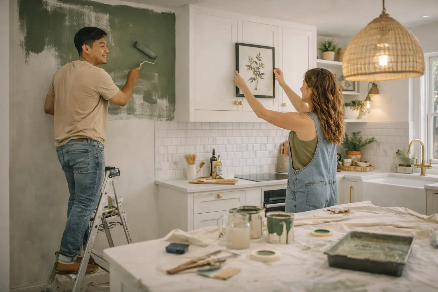 Couple reviewing renovation plans in their kitchen while exploring remortgage options to improve their financial position