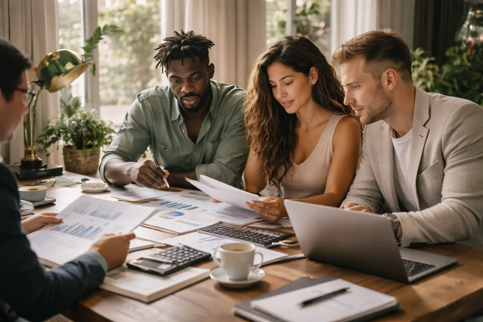 Entrepreneurs analysing financial reports and growth projections with professional business finance guidance.