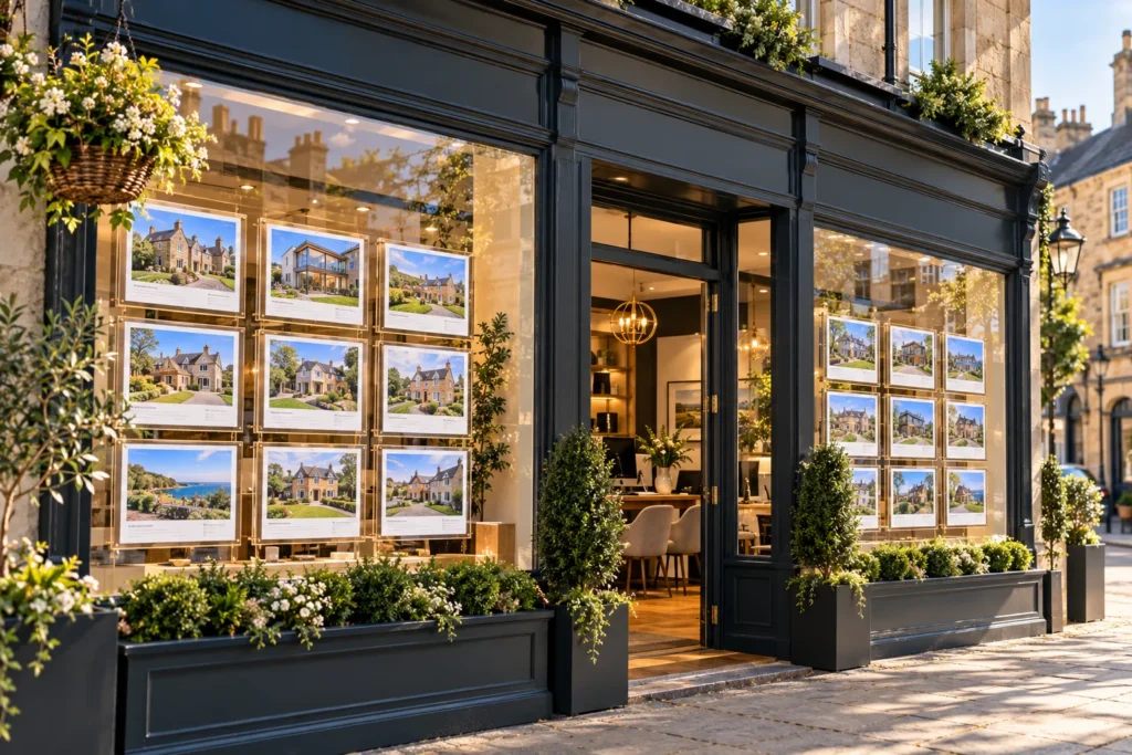 Estate agent shop window with property listings, representing questions to ask an estate agent before making an offer