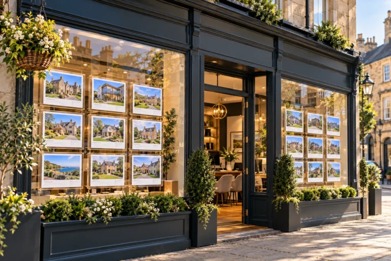 Estate agent shop window with property listings, representing questions to ask an estate agent before making an offer