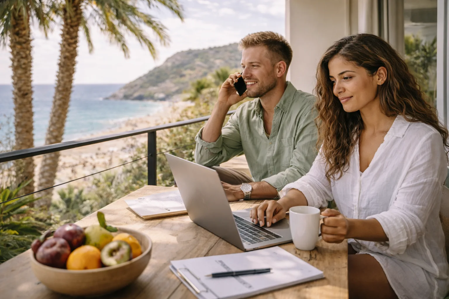 Expat mortgages. Couple working remotely from a terrace overseas, managing UK property plans while living abroad.