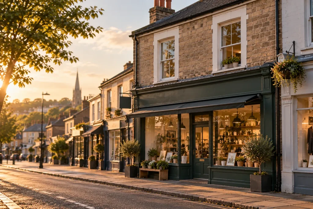 Independent shopfront with outdoor planting on a Bristol high street