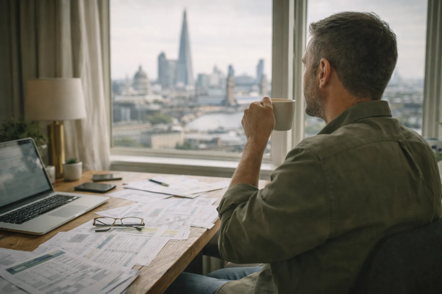 Landlord reviewing paperwork while overlooking a London city view, planning a buy-to-let mortgage strategy