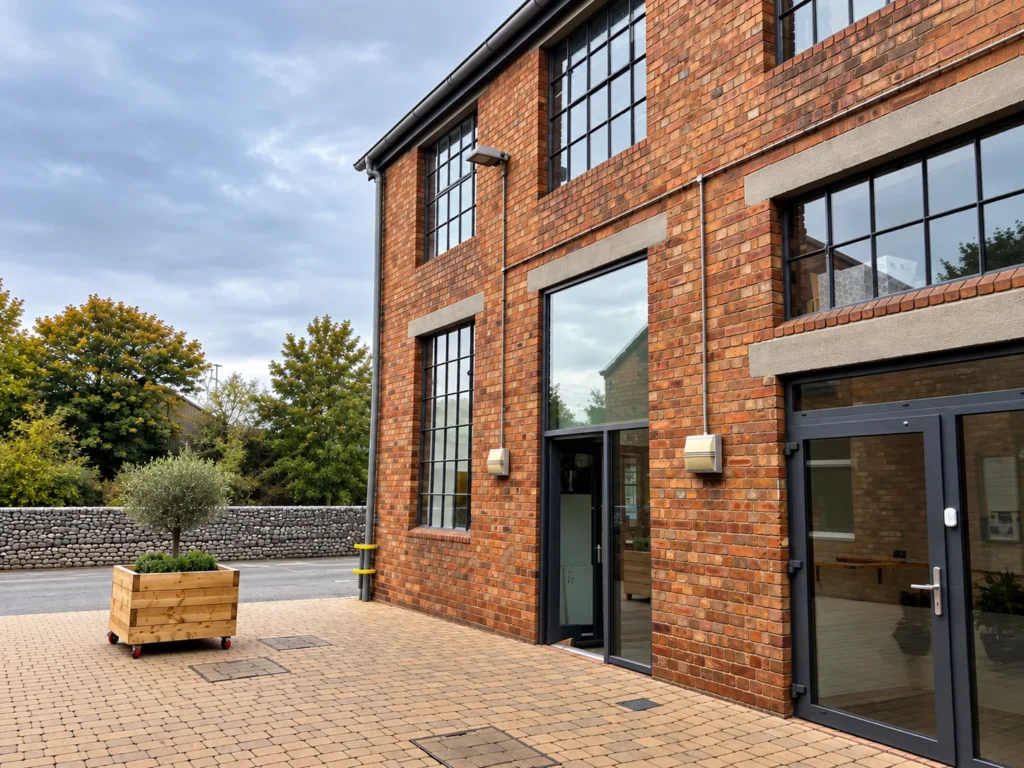 Red brick commercial building at Paintworks in Bristol