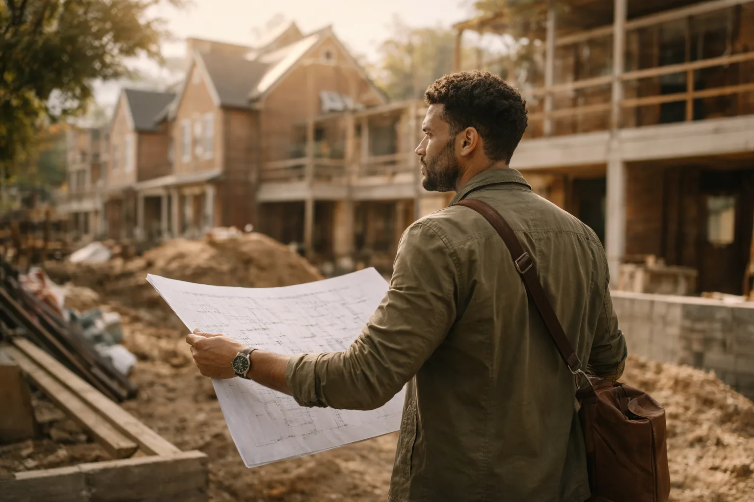 Property developer reviewing construction plans on site while assessing progress on a residential development project.
